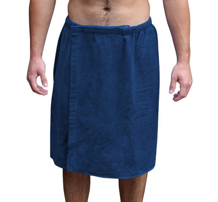 Mens Bath Towel Wrap Velcro Snaps Navy Blue