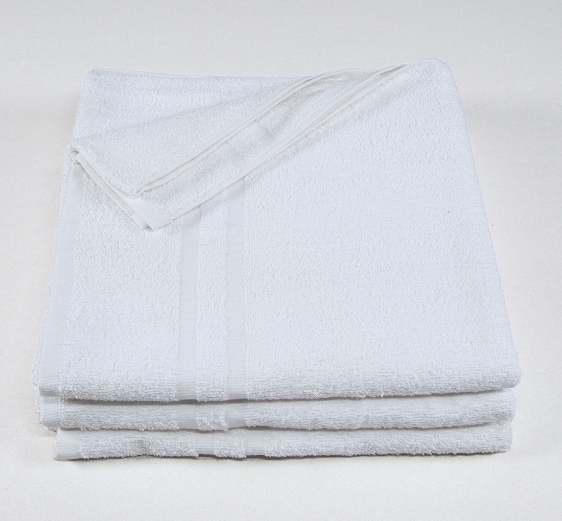 Set of 6 bath towels: white and taupe: 30X50 courtesy towels; 50X90 basin;  70X140 cm shower