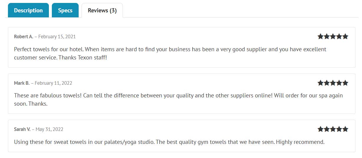 Customer reviews praising different qualities of towels purchased from Texon, including what is a towel made of from the wholesaler